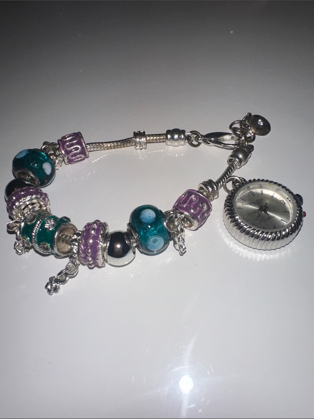 Figaro Couture Watch Women Silver Tone Slide Charm New Bracelet Teal Glass Beads